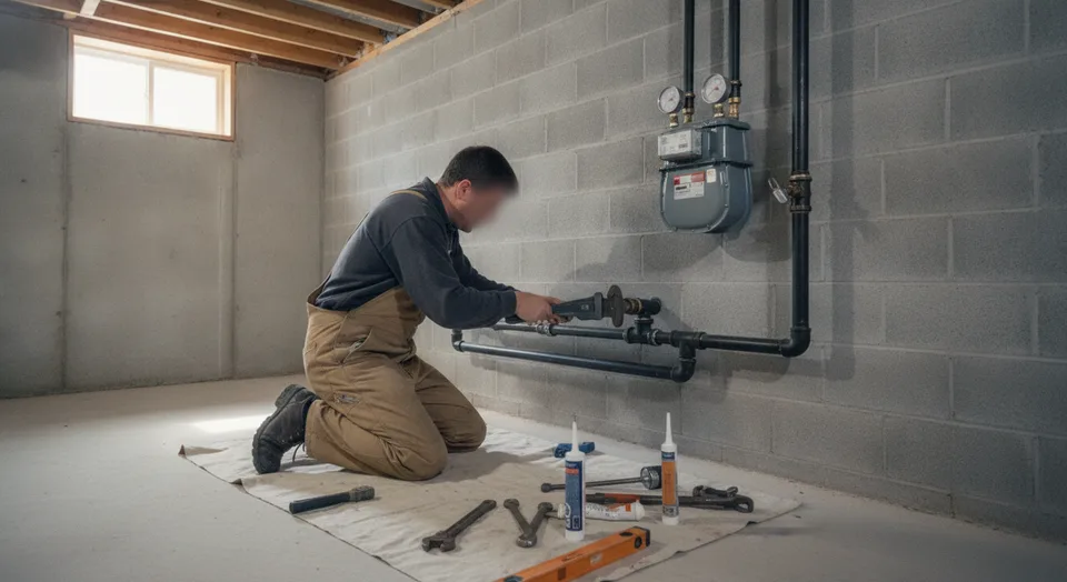 Gas fitter connecting a gas range in a Guelph kitchen